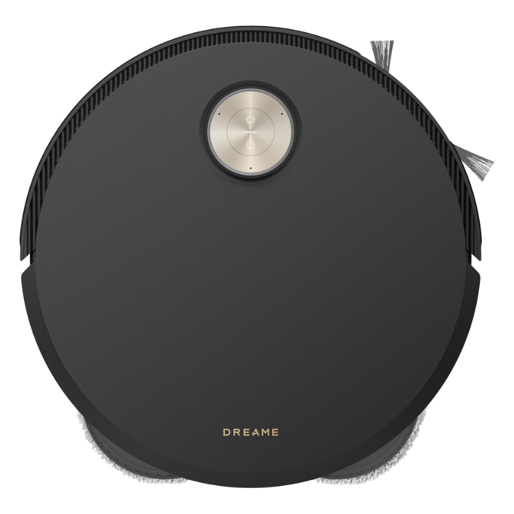 Aspirador robot Dreame X50 preto com painel de controlo prateado e cerdas de limpeza.