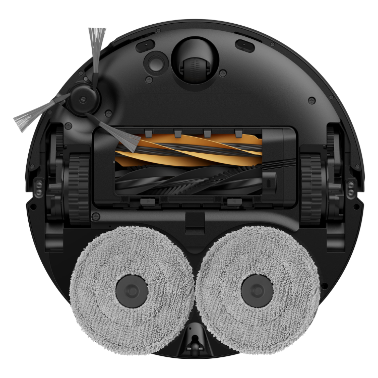 Aspirador robot Dreame X50 Master preto, com dois discos de limpeza e escovas laterais.