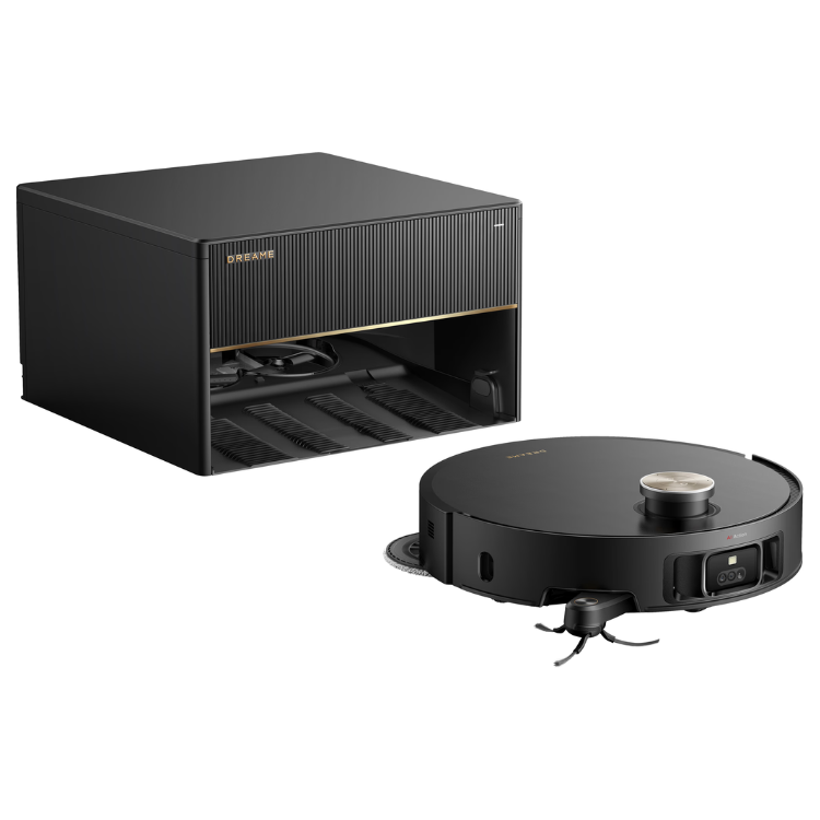 Aspirador robot Dreame X50 Master preto com base de carregamento e esvaziamento automático.