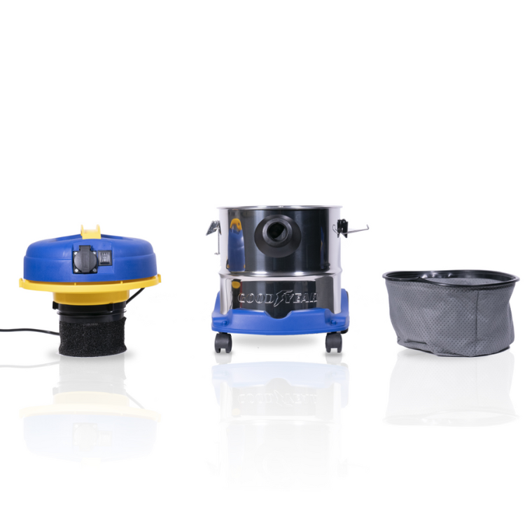 Aspirador de sólidos e líquidos Goodyear GY12VC, 20L, azul e amarelo, com recipiente removível.