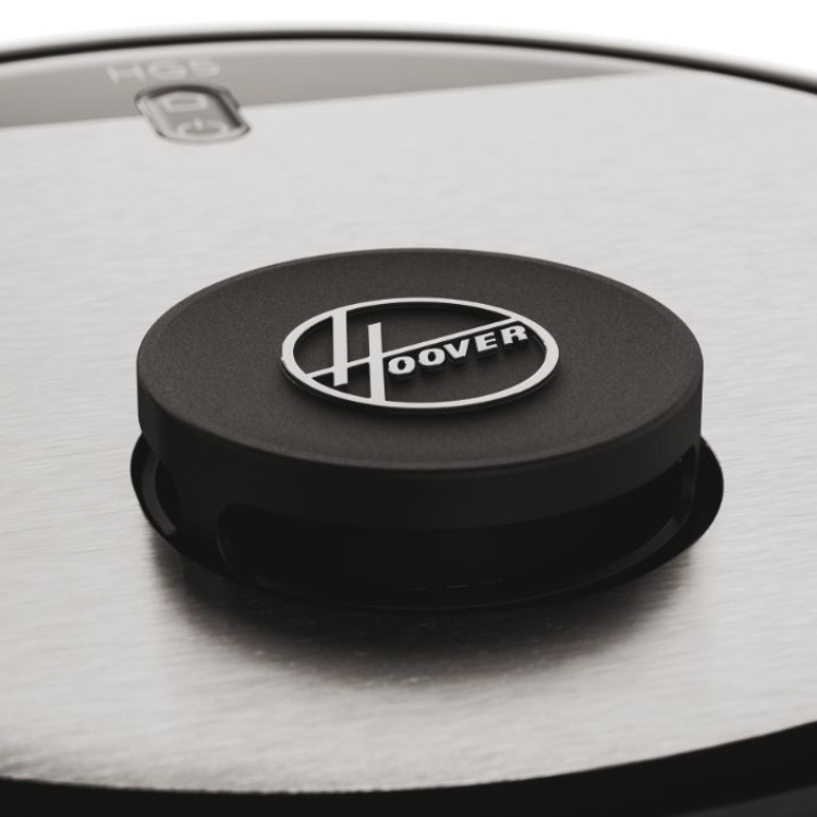 Black robot vacuum cleaner, Hoover HG510D 011, with silver logo and brushed metal top.