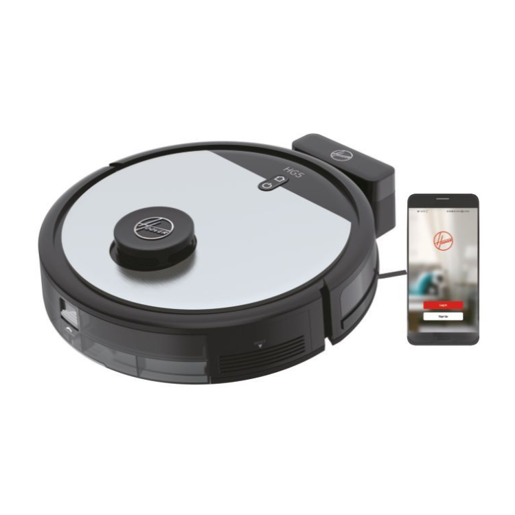 Black Hoover HG510D robot vacuum cleaner with smartphone control.