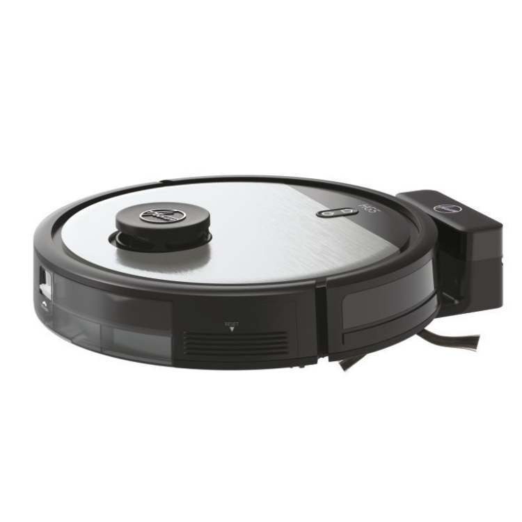 Black Hoover HG510D robot vacuum cleaner with silver top and charging dock.