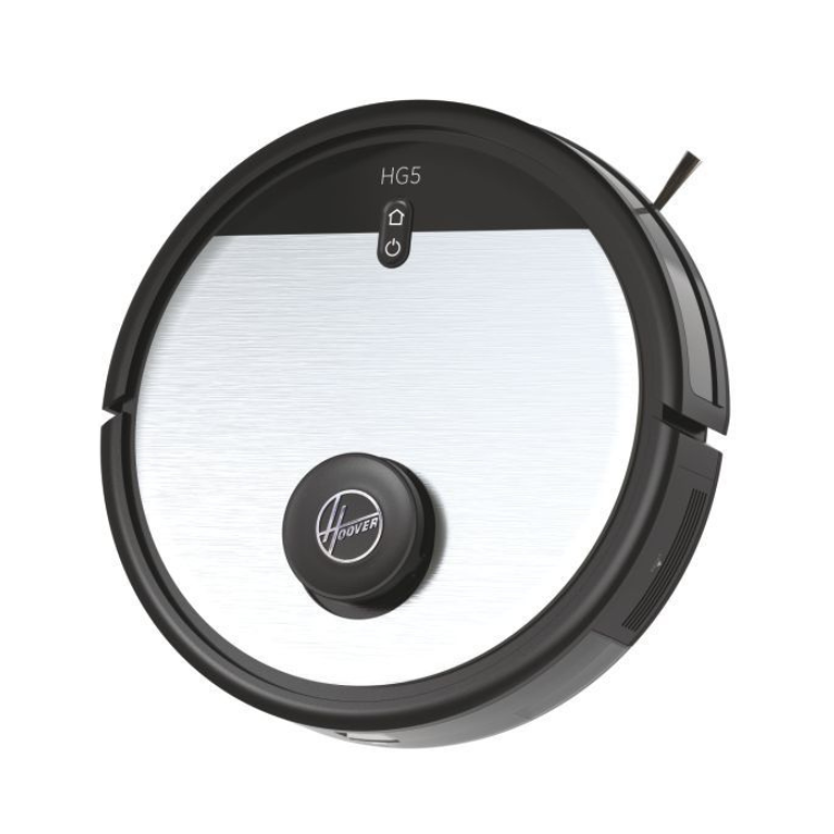 Black and silver Hoover HG510D robot vacuum cleaner with power button and logo.