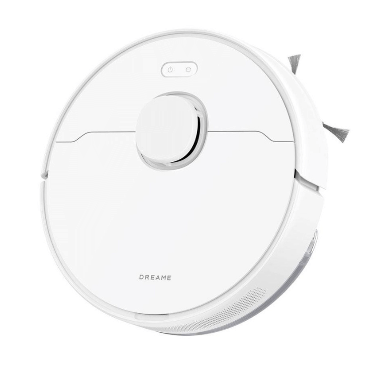 White Dreame robot vacuum cleaner, round with buttons and brushes.