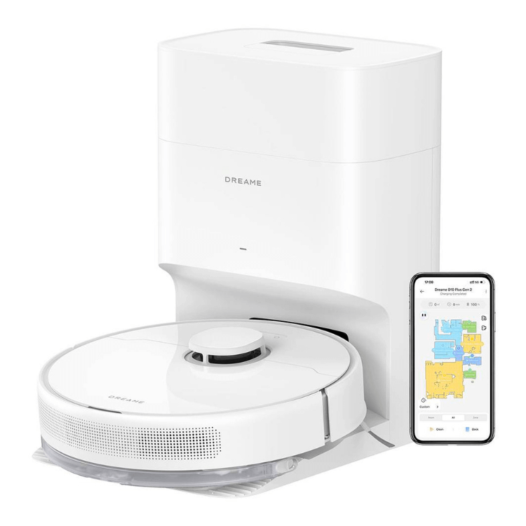 White Dreame D10 Plus Gen 2 robot vacuum with charging base and smartphone app.