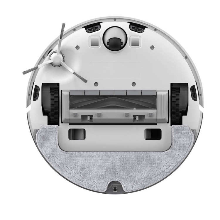 White Dreame D10 Plus Gen 2 robot vacuum cleaner underside, with gray mop and black wheels.