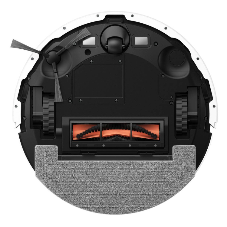 Dreame Mova E20 robot vacuum cleaner, white, bottom view showing black body, brushes, and grey fabric filter.