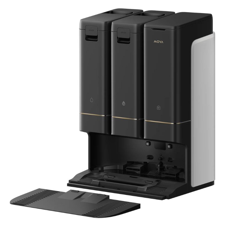 Aspirador Robot Dreame Mova Z50 Ultra Preto com três recipientes e base de carregamento.