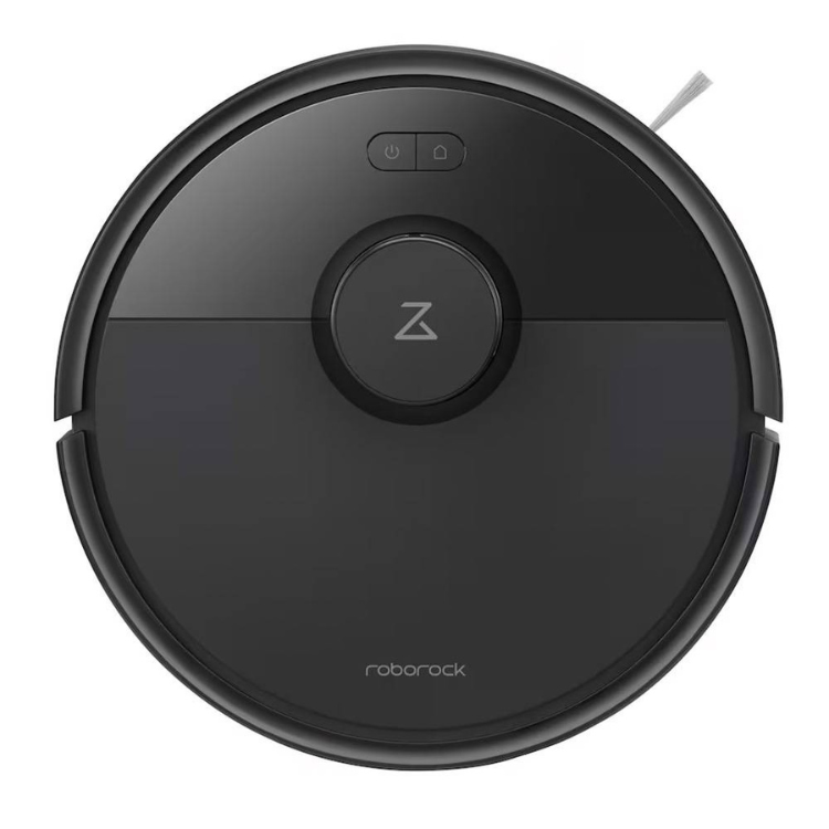 Aspirador robot Roborock Q7 BF preto com logotipo e comandos na parte superior.