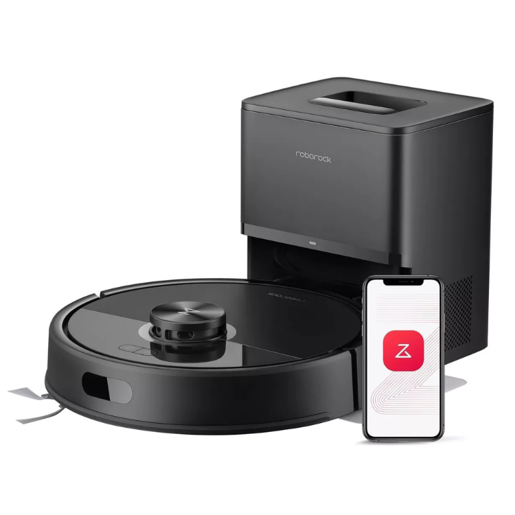Aspirador robot Roborock Q7 TF+ preto com base de carregamento e aplicação móvel.