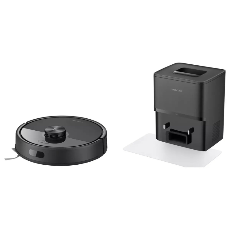 Aspirador robot Roborock Q7 TF+ preto e base de carregamento.