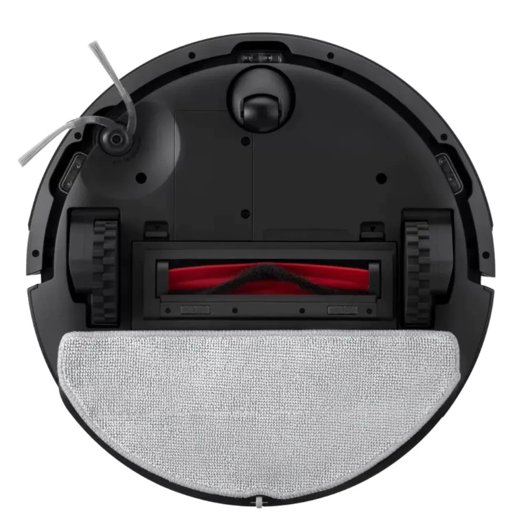 Aspirador robot Roborock Q7 TF+ preto com base de carregamento, parte inferior com rolos e pano de limpeza.