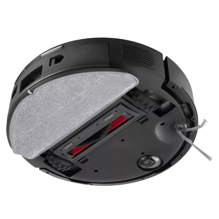 Aspirador robot Roborock Q7 TF+ preto com base de carregamento, vista de cima, com tampa do filtro HEPA removida.