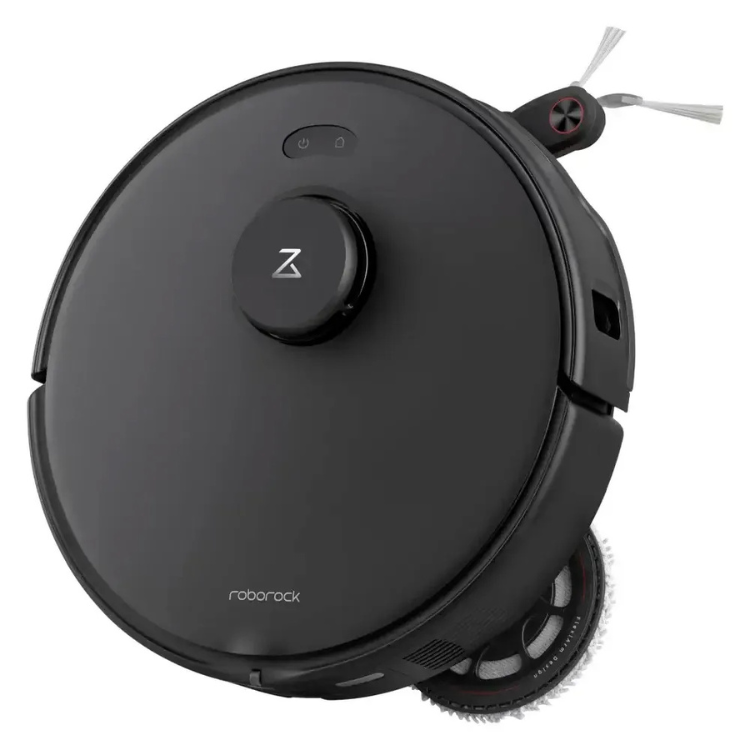 Aspirador robot Roborock preto com mopa, logotipo Roborock na parte inferior e botão central com logotipo Z.