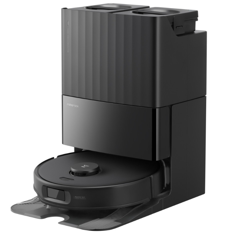 Aspirador robot Roborock Qrevo 5AE preto com estação de auto-esvaziamento, controlo por app e design compacto.