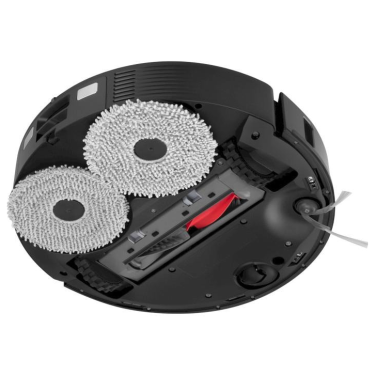 Fundo de aspirador robot Roborock Qrevo 5AE preto com dois discos de limpeza e base de carregamento.