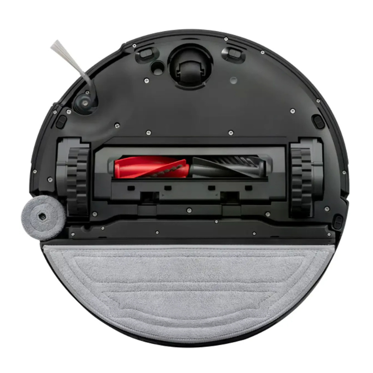 Aspirador robot Roborock Saros 10 preto, parte inferior com mopa e sistema de aspiração.