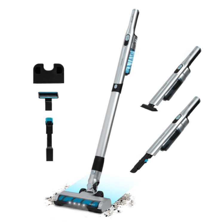 Cecotec Scoba 2100 Jalisco cordless vacuum, silver and black with blue accents, various attachments.