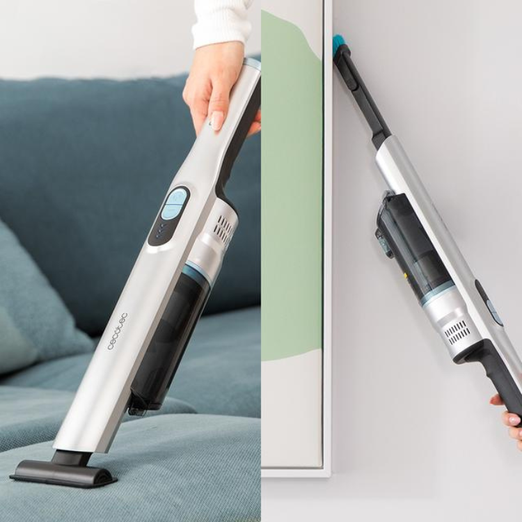 Cecotec Scoba 2100 Jalisco handheld vacuum, silver and black, with blue accents.