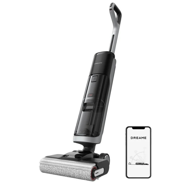 Black Dreame H14 Pro wet and dry vacuum cleaner with smartphone.