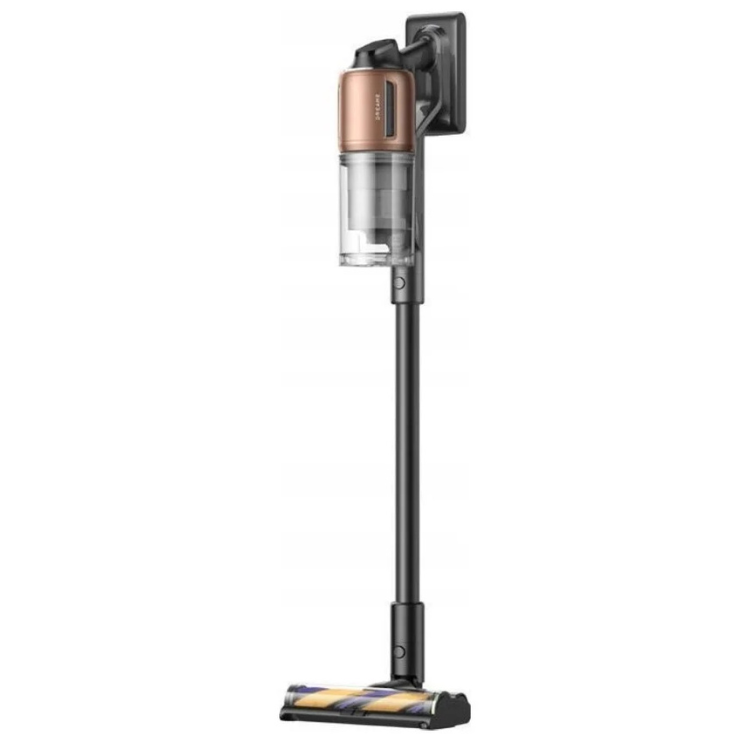 Dreame Z20 cordless vacuum, black and copper, upright with wall mount.