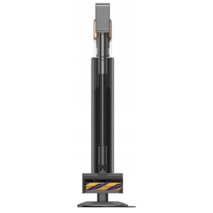Black cordless upright vacuum cleaner, Dreame Z20, with yellow and blue accents on charger dock.