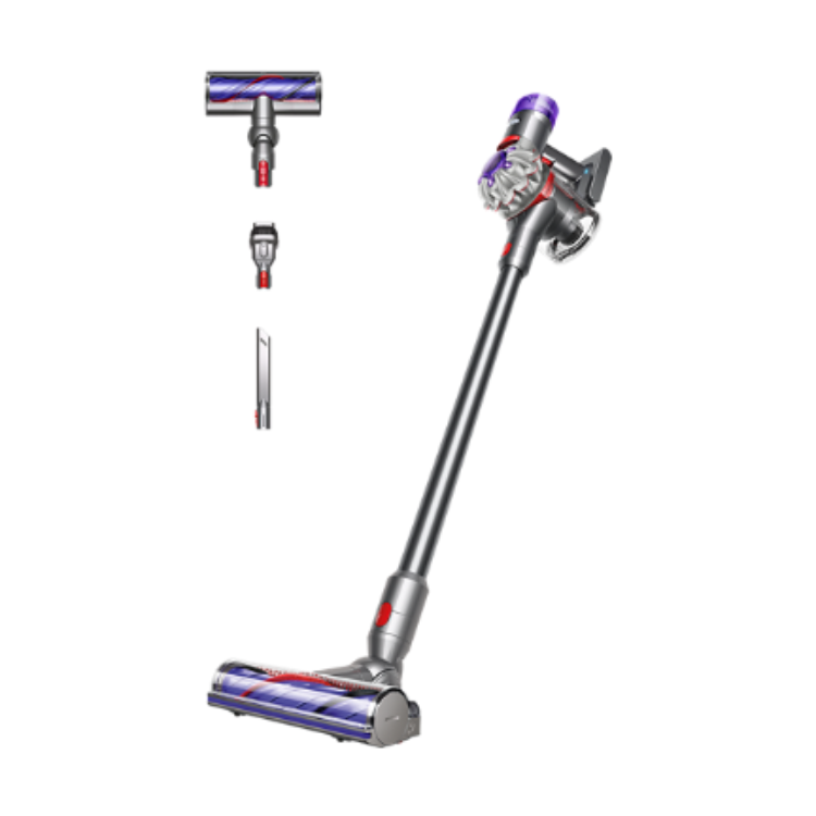 Dyson V8 silver and nickel upright vacuum with attachments.