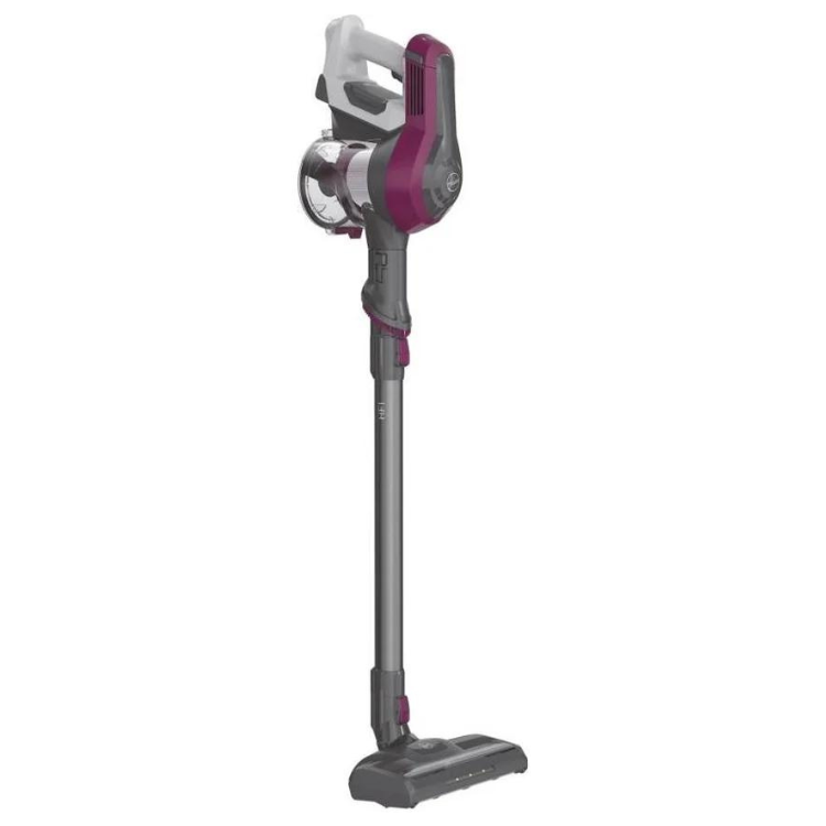 Aspirador vertical sem fios Hoover HF1 160W, cor magenta, com base e cabo destacável.