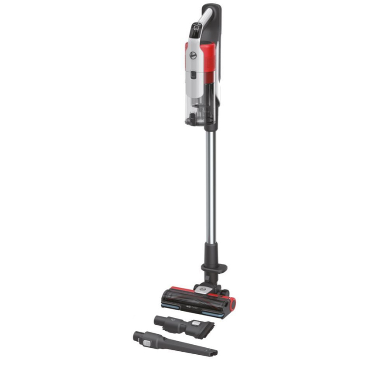Hoover HF9 upright vacuum, 350W, grey, red and black, with detachable handheld and attachments.