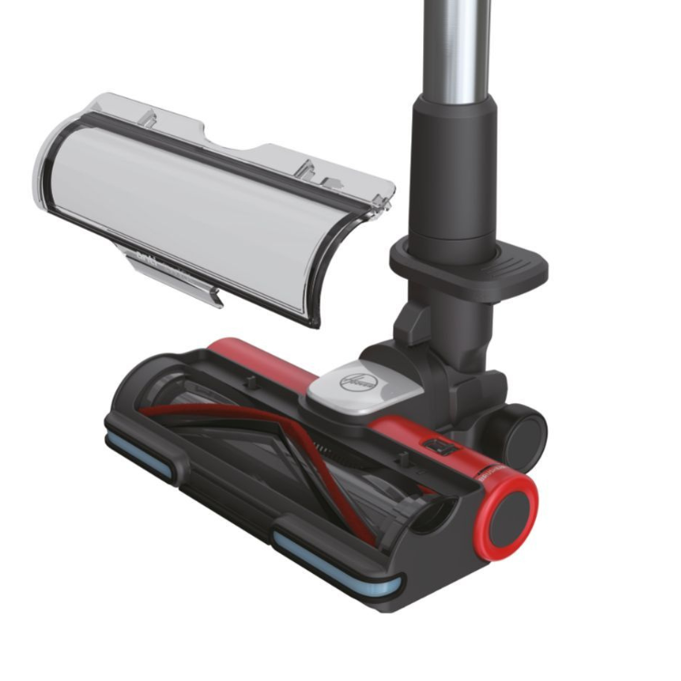 Hoover HF9 upright vacuum cleaner head, black and red, with detachable crevice tool.