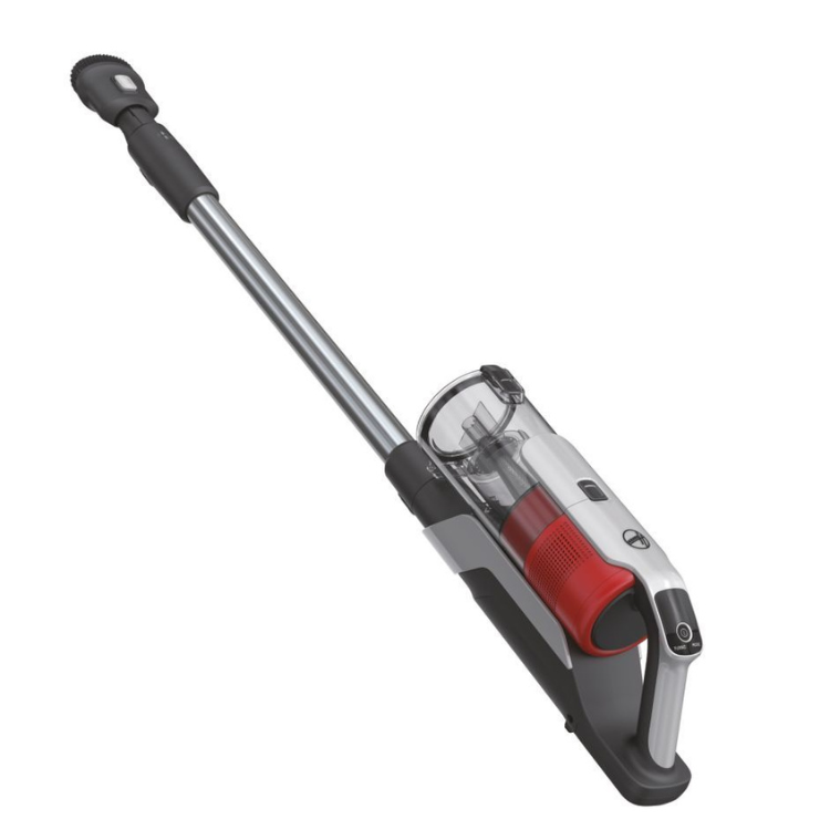 Hoover HF9 upright vacuum, grey and red, with long metal handle and clear container.