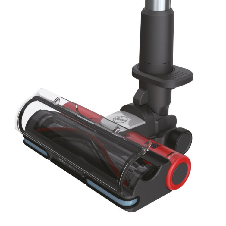 Hoover HF9 upright vacuum cleaner head, black and red, transparent dust container.