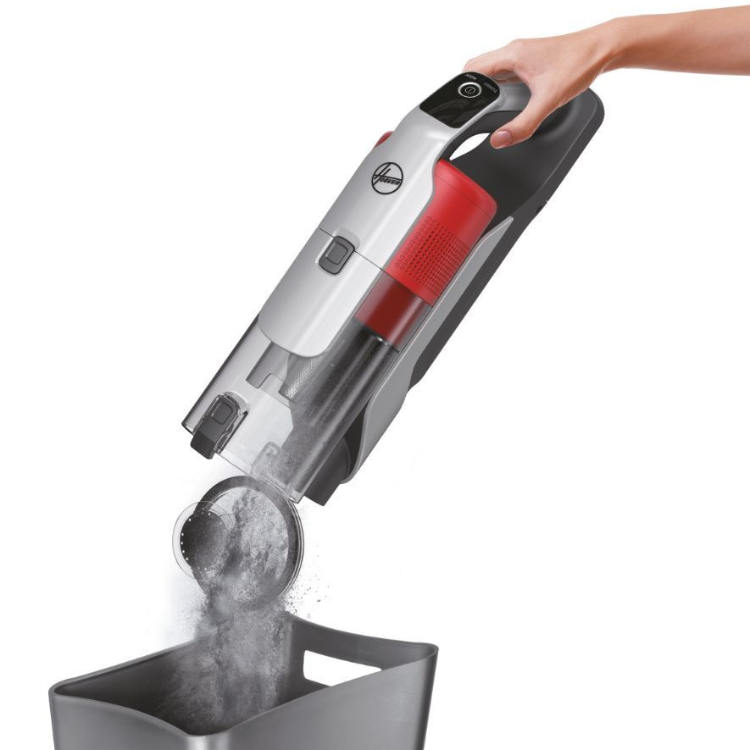 Hoover HF9 350W handheld vacuum, gray and red, emptying dust container.