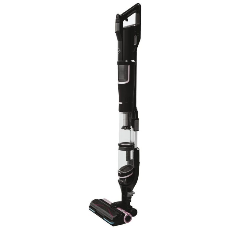 Black upright vacuum cleaner, Hoover HFX10P, 365W, with clear container and pink accents.