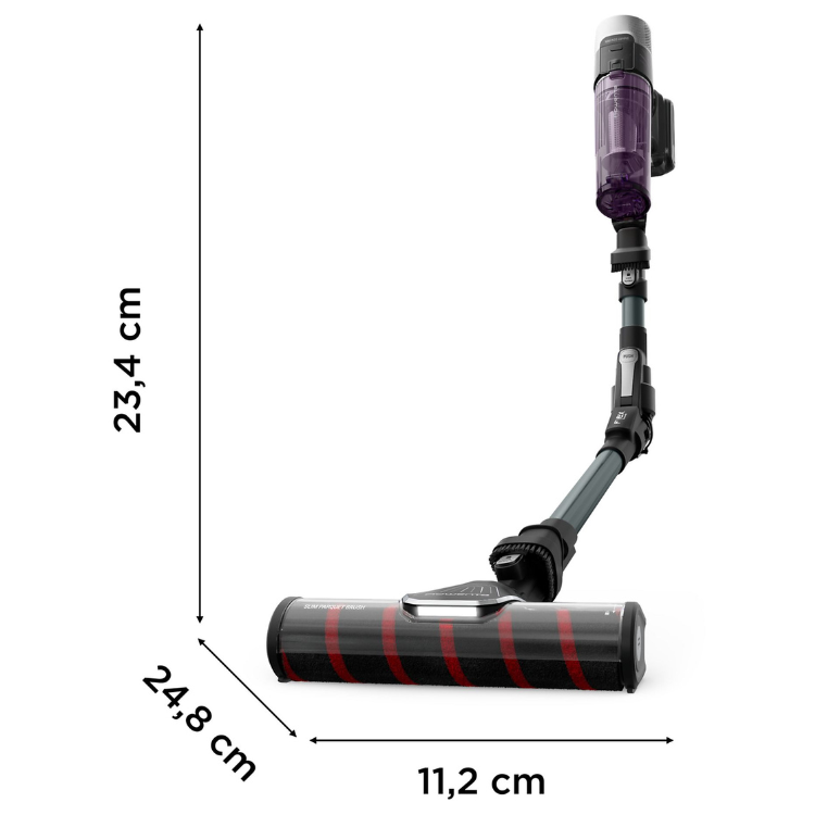 Aspirador vertical Rowenta RH2048 X-Force Flex 9.60 preto e vermelho, dimensões 23,4 x 24,8 x 11,2 cm.