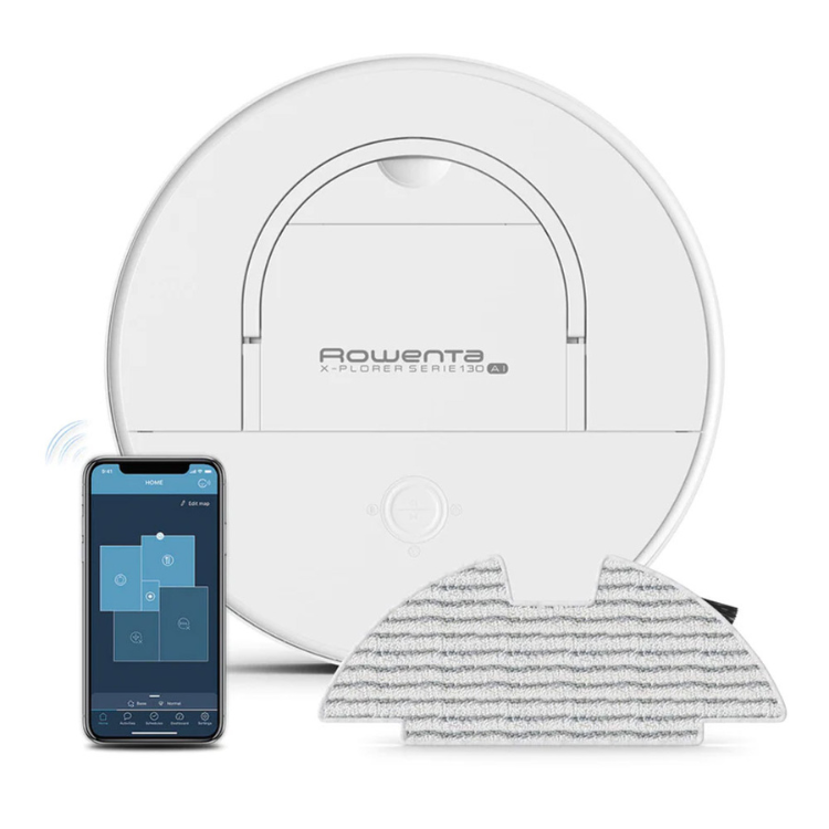 Aspirador robot Rowenta X-Plorer Serie 130 Branco com aplicação móvel e pano de limpeza.