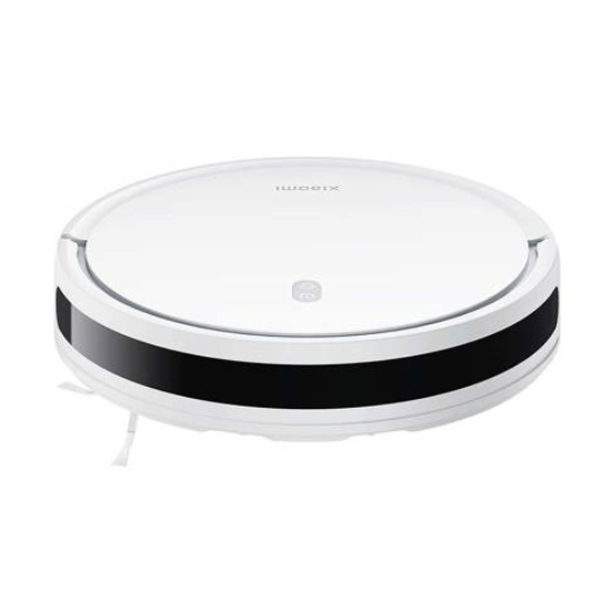 White Xiaomi robot vacuum cleaner, round with black stripe.