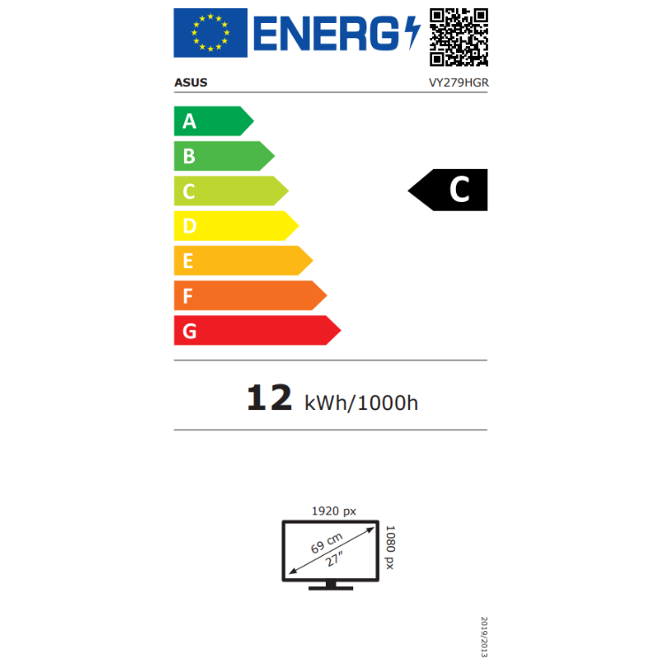 Etiqueta energética do monitor Asus VY279HGR, classificação C, 12 kWh/1000h, 27 polegadas.