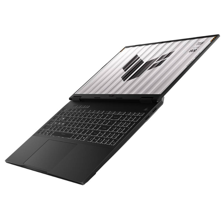 Asus TUF Gaming F16 laptop, black, 16-inch screen, open on white background.