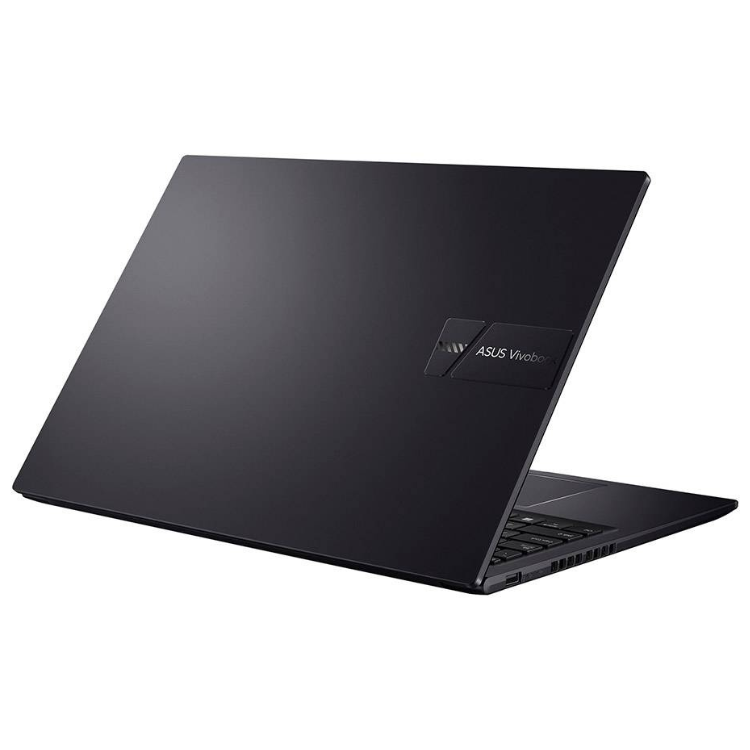 Black Asus Vivobook laptop, 16-inch screen, angled view showing keyboard and Asus logo.