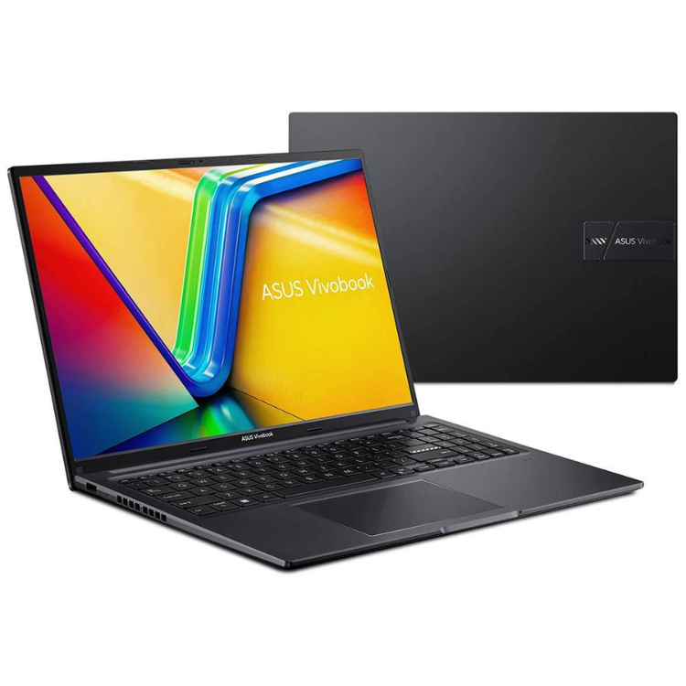 Black Asus Vivobook laptop, 16-inch display, colorful wallpaper, with closed laptop behind.