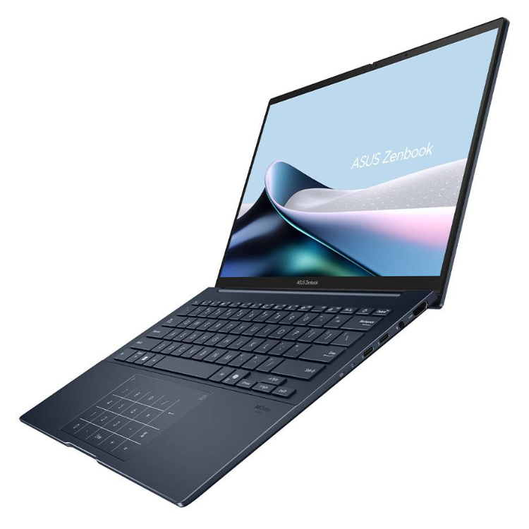 ASUS Zenbook 14 laptop, black, 14-inch screen, displaying desktop background.