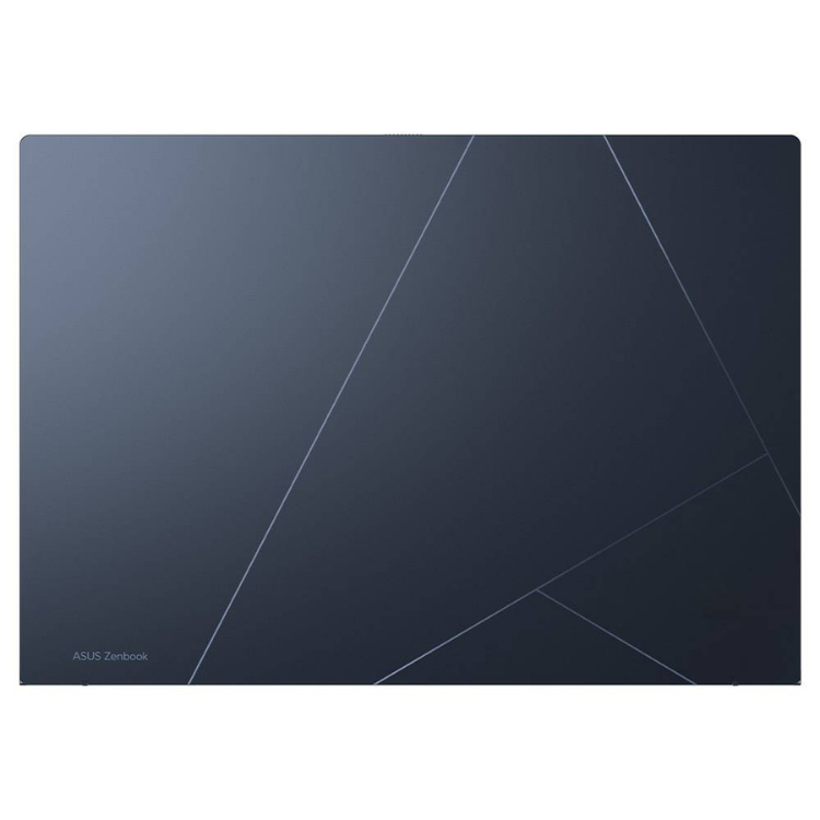 ASUS Zenbook laptop, dark blue, closed lid, geometric lines, ASUS logo.