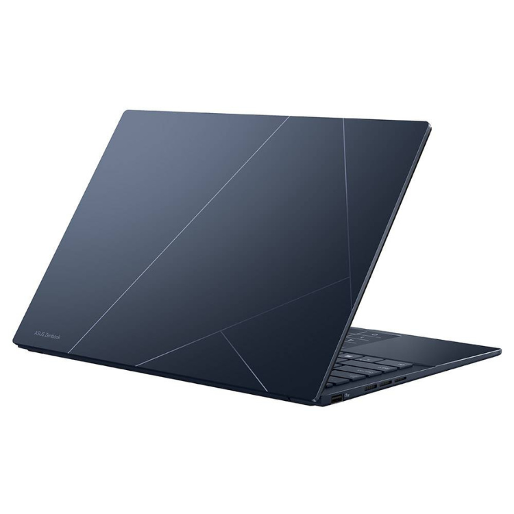 ASUS Zenbook 14 dark blue laptop with diagonal lines, open on a white background.