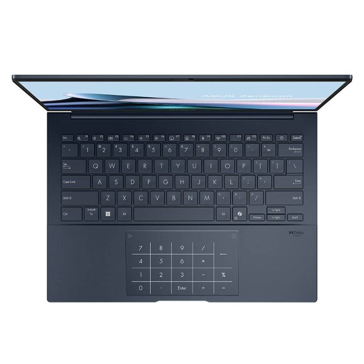 ASUS Zenbook 14 dark grey laptop with open OLED screen.