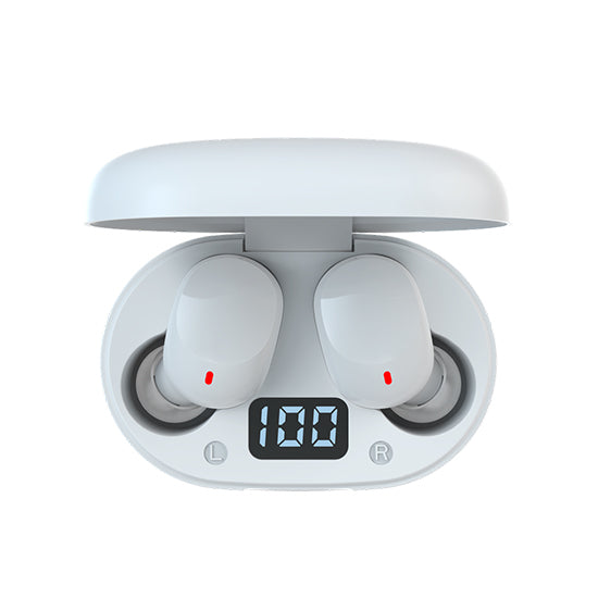 Auriculares Bluetooth Devia Joy A6 Series TWS brancos com caixa de carregamento e indicador de bateria.