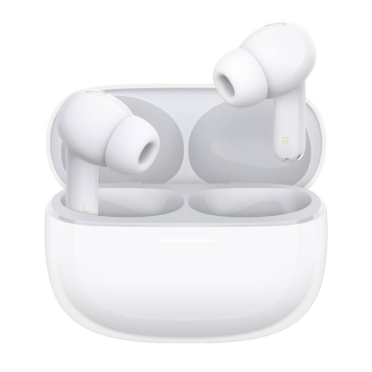 Auriculares Bluetooth Xiaomi Redmi Buds 8 Pro brancos em estojo de carregamento.