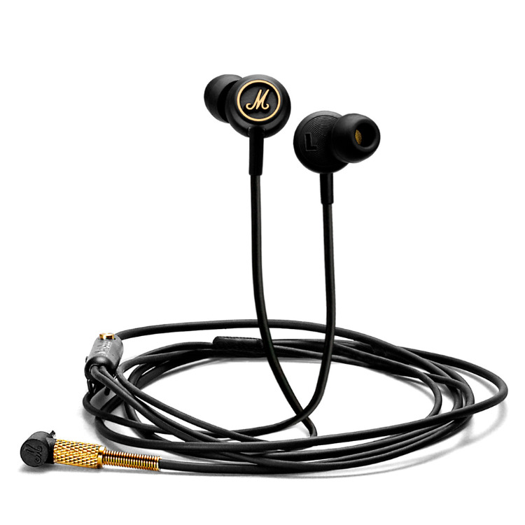 Auriculares Marshall Mode EQ pretos com fio e detalhes em dourado.