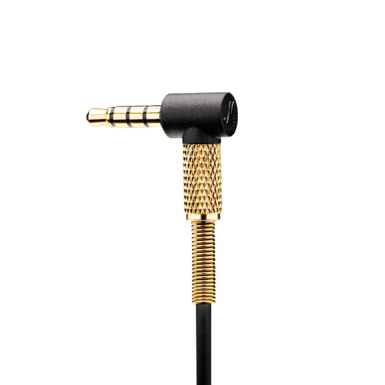 Conector de 3,5mm para auriculares, preto e dourado.